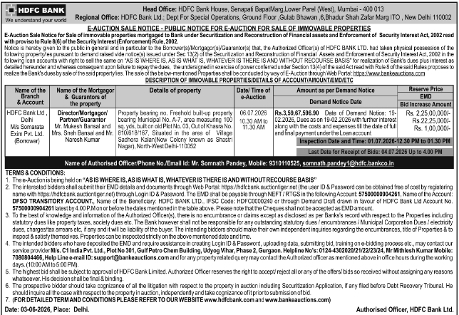 HDFC Bank Immovable Property E-Auction Notice Under SARFAESI Act