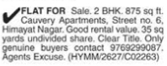 Himayat Nagar 2 BHK Flat for Sale