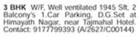 Himayath Nagar 3 BHK Flat for Rent