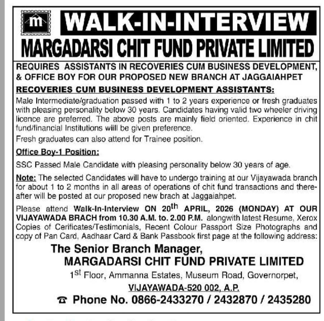 Hiring Recoveries Cum Business Development Assistants & Office Boy