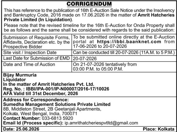 IBC Corrigendum: Amrit Hatcheries Onda Property E-Auction Extension