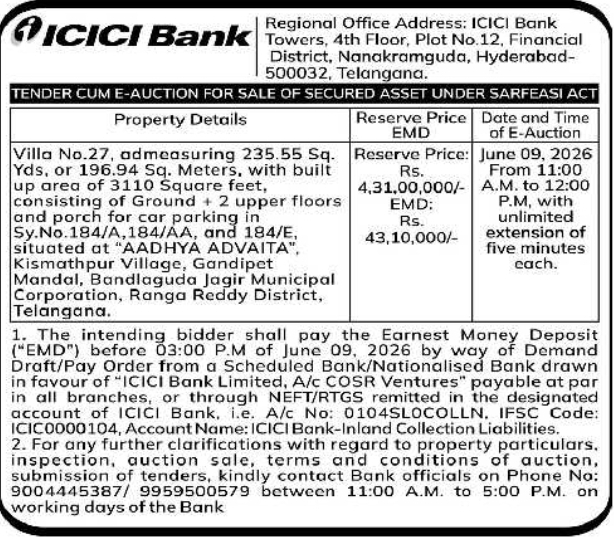 ICICI Bank Villa E-Auction Notice in Kismathpur