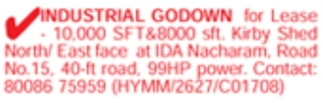 IDA Nacharam: 10000 & 8000 Sq Ft Industrial Godowns for Lease