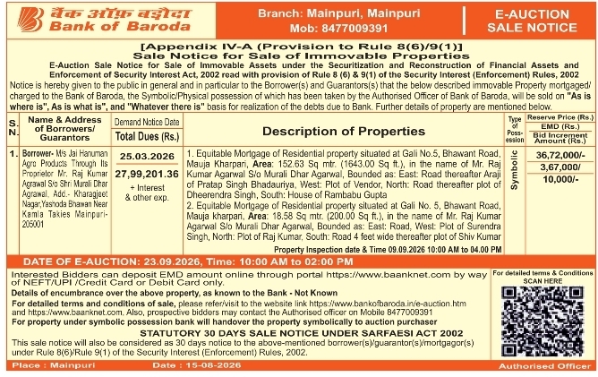 Immovable Commercial and Residential Property E-Auction Notice by BOB
