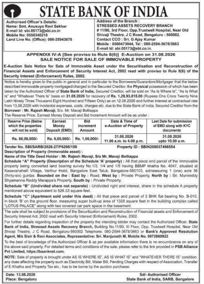 Immovable Property Auction Notice by State Bank of India
