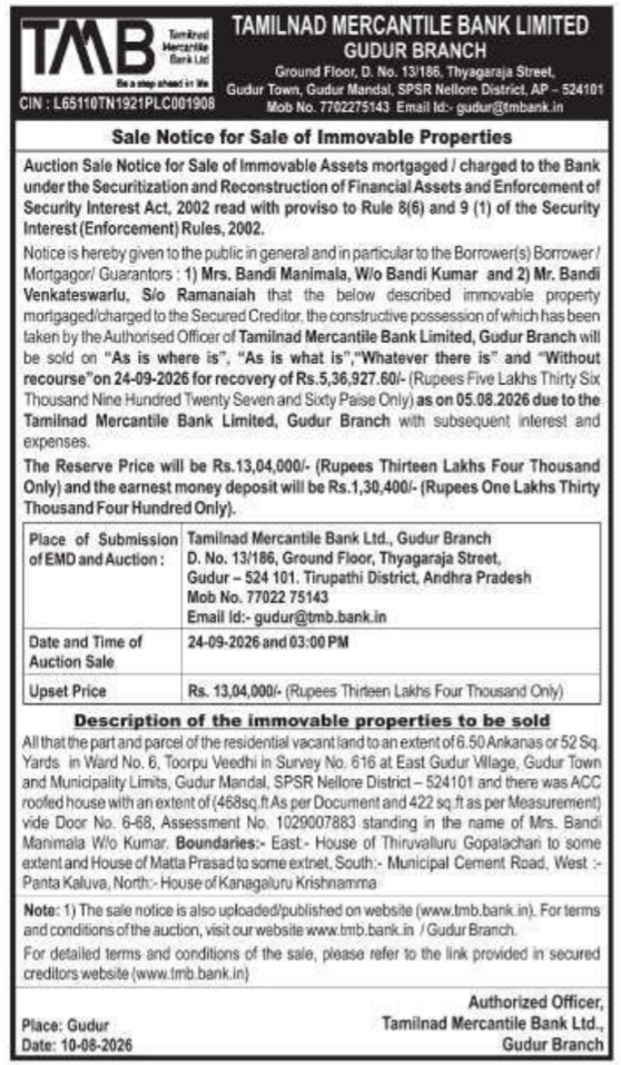 Immovable Property Auction Sale Notice by TMB