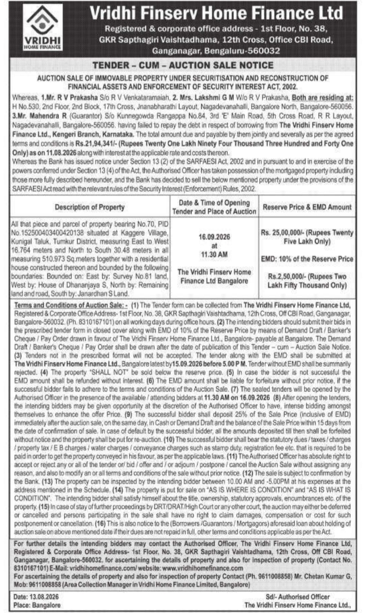 Immovable Property Auction Sale Notice by Vridhi Finserv Home Finance Ltd