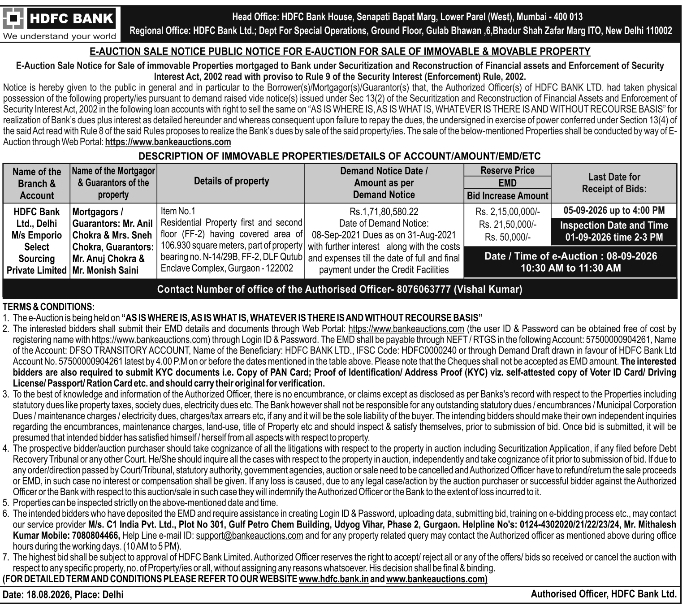 Immovable Property E-Auction Sale Notice by HDFC Bank