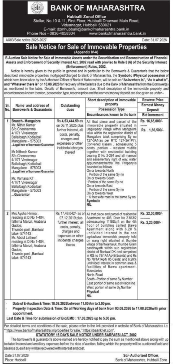 Immovable Property Sale Notice for Bank of Maharashtra