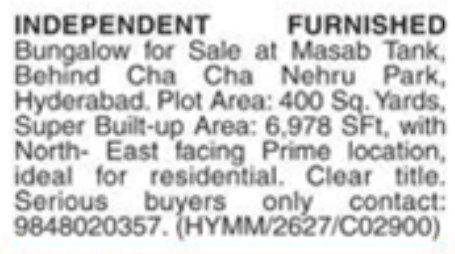 Independent Furnished Bungalow for Sale: Masab Tank, Hyderabad