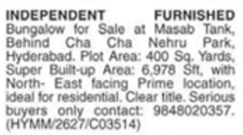Independent Furnished Bungalow for Sale: Masab Tank, Hyderabad