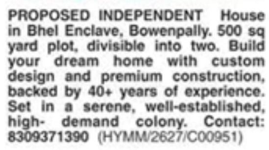 Independent House For Sale in Bhel Enclave, Bowenpally