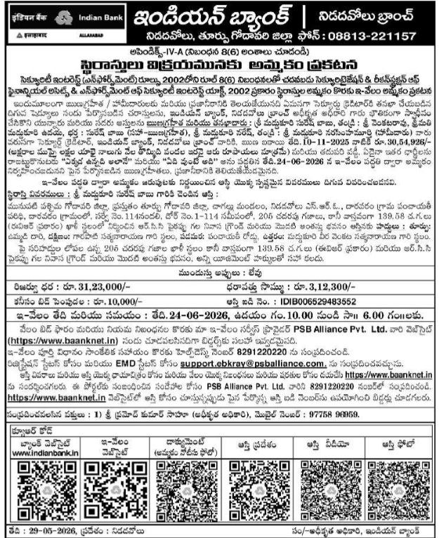 Indian Bank Nidadavole Branch Residential Property E-Auction