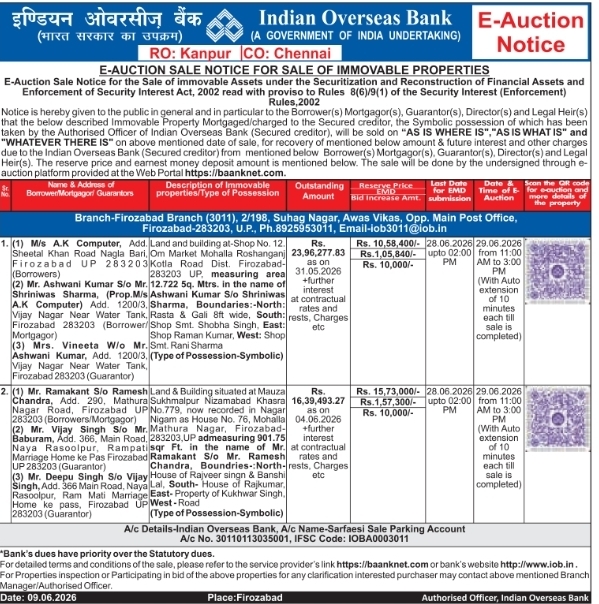 Indian Overseas Bank Firozabad E-Auction Notice