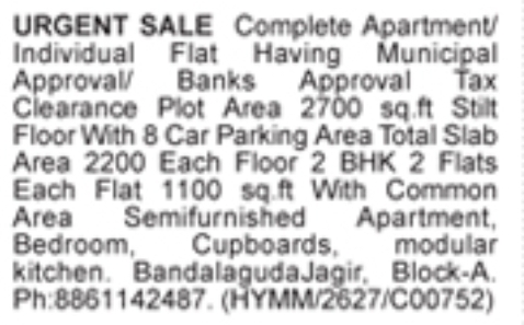 Individual 2 BHK Flats for Sale in Bandlaguda Jagir, Block-A