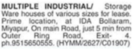 Industrial Warehouses For Lease at IDA Bollaram, Miyapur
