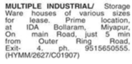 Industrial Warehouses for Lease at IDA Bollaram, Miyapur