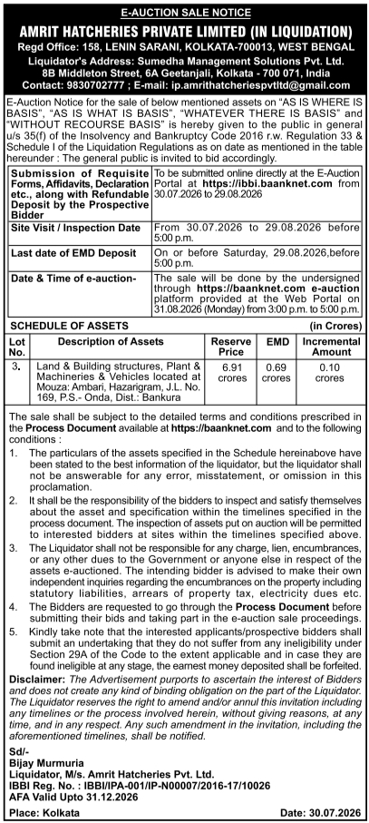 Insolvency Code Assets E-Auction Sale Notice by Amrit Hatcheries