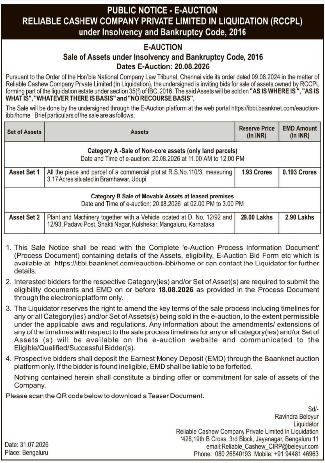 Insolvency E-Auction Notice for Reliable Cashew Company Assets