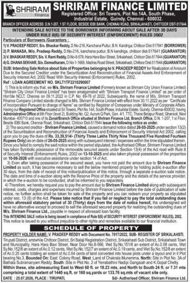 Intending Sale Notice to the Borrower by Shriram Finance Limited