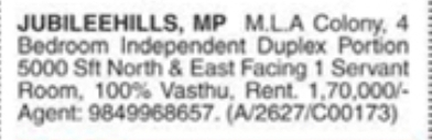 Jubilee Hills MP MLA Colony 4 BHK Duplex for Rent