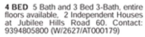 Jubilee Hills Road 60: Independent Houses with Entire Floors for Rent