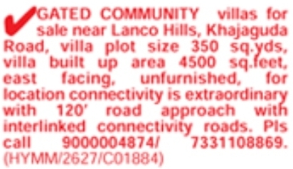 Khajaguda Road: 350 Sq Yds Gated Community Villa for Sale