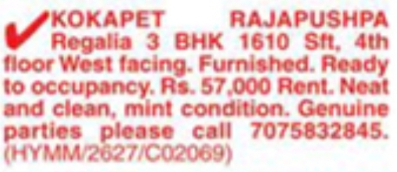 Kokapet: Furnished 3 BHK Flat for Sale at Rajapushpa Regalia