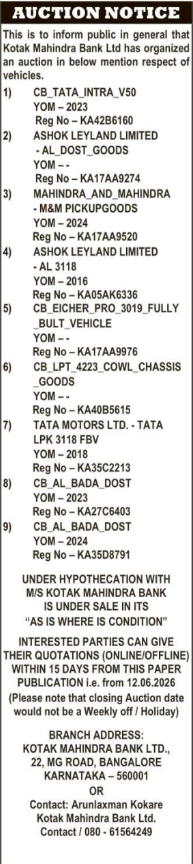 Kotak Mahindra Bank Vehicle Auction Notice
