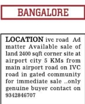 Land Sale: 2400 Sqft Corner Site on IVC Road, Bangalore