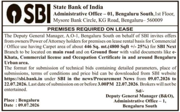Lease Notice: Commercial Premises Required for SBI Bengaluru South