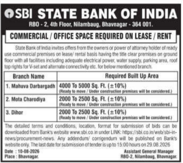 Lease Notice for Commercial Office Space by SBI Bhavnagar