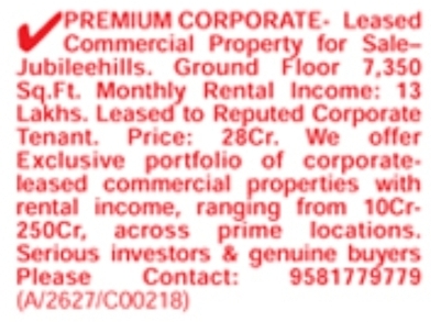Leased Commercial Property for Sale: Jubilee Hills, Hyderabad