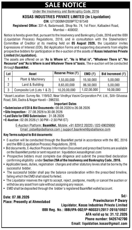 Liquidation Sale Notice for Plant Machinery and Real Estate