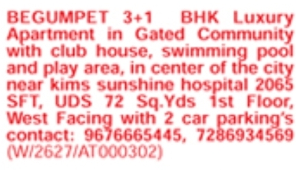 Luxury 3+1 BHK Flat for Sale: Begumpet, Hyderabad