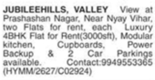Luxury 4BHK Flats for Rent: Jubilee Hills, Hyderabad