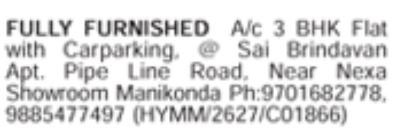 Manikonda Furnished 3 BHK Flat for Rent