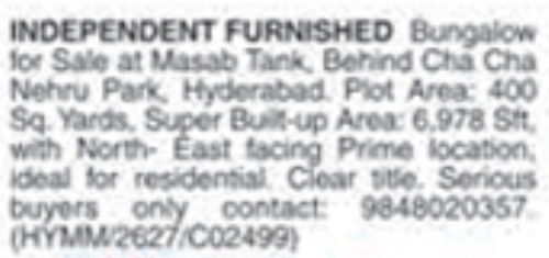 Masab Tank Furnished Bungalow for Sale