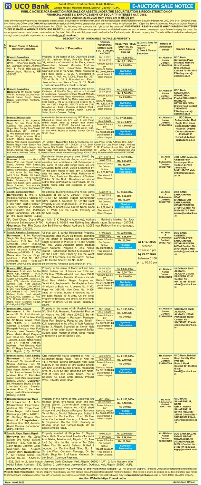Mega E-Auction Sale Notice: UCO Bank Zonal Office Meerut