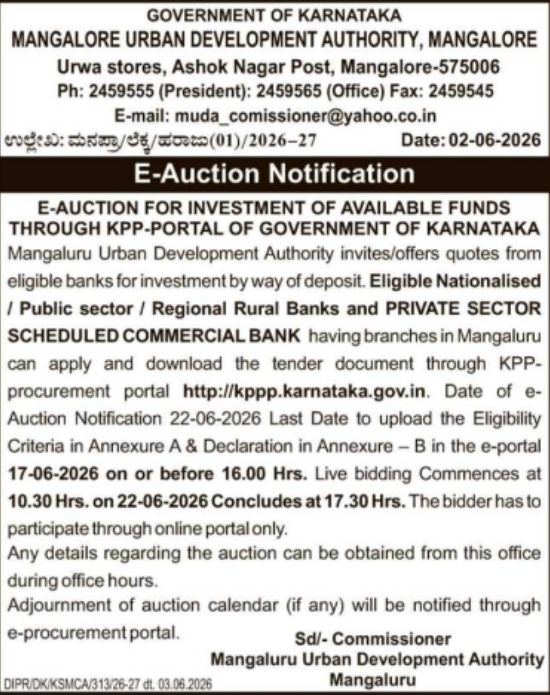 MUDA Mangalore: E-Auction Notification for Fund Investment