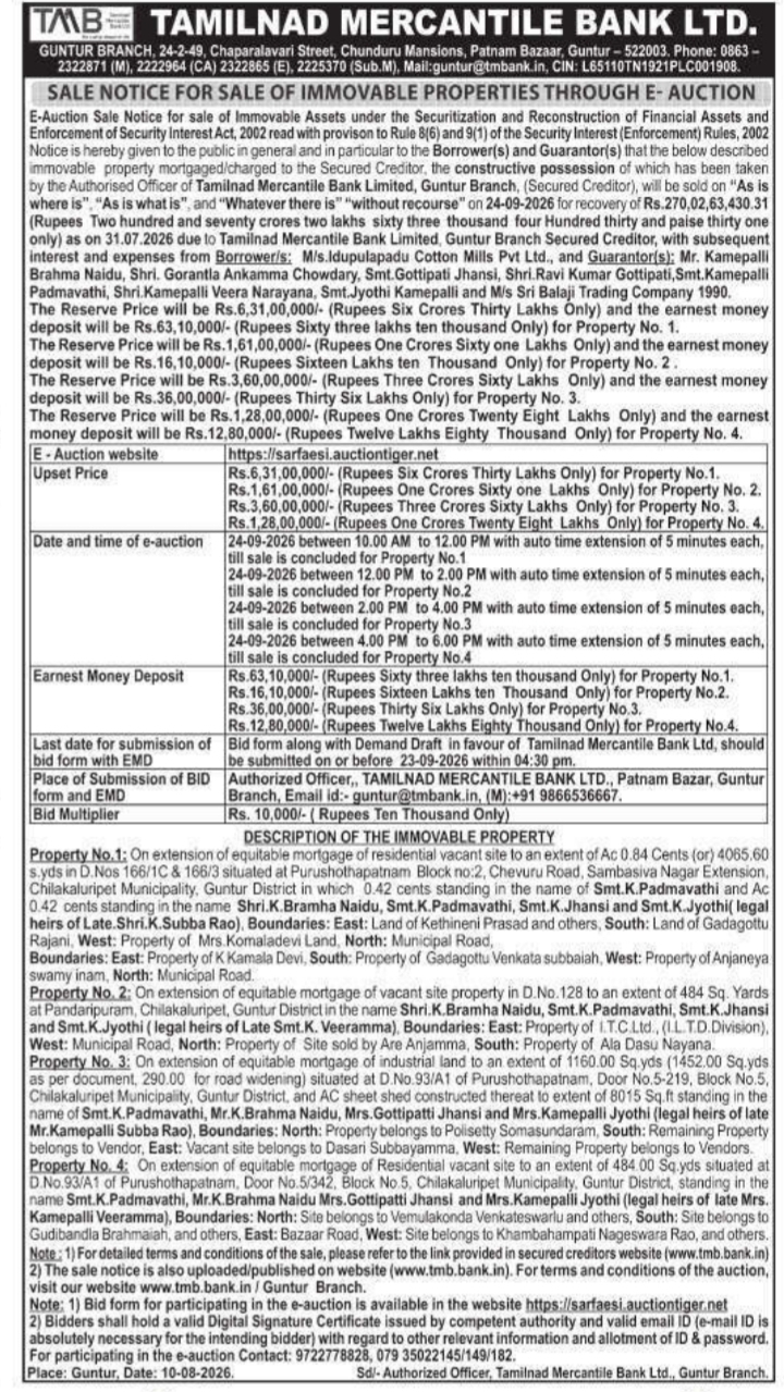 Multi-Property E-Auction Sale Notice by TMB