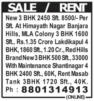Multiple Properties for Sale & Rent: Central Hyderabad