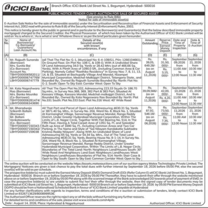Multiple Property E-Auction Sale Notice by ICICI Bank