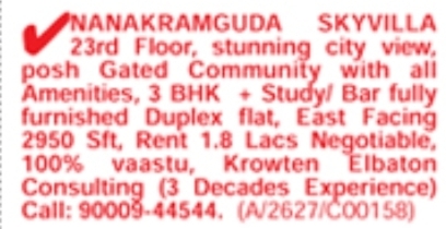 Nanakramguda: Posh 3 BHK Duplex Skyvilla for Rent