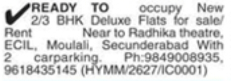 New 2/3 BHK Deluxe Flats For Sale/ Rent In Secunderabad