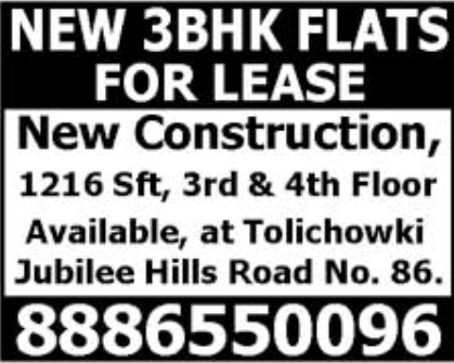 New Construction 3BHK Flats for Lease near Jubilee Hills