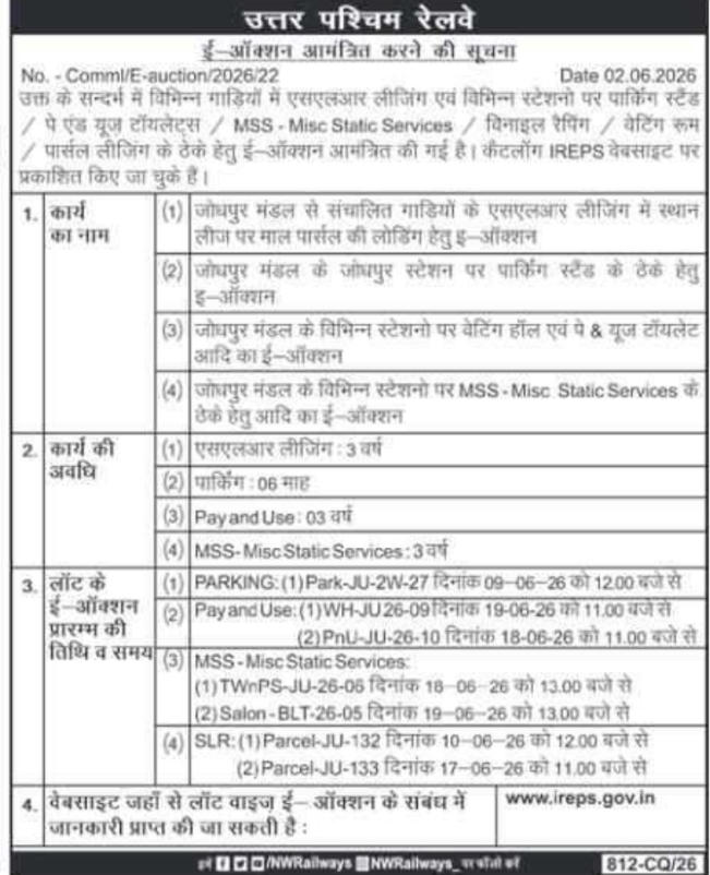 North Western Railway: E-Auction Notice 2026