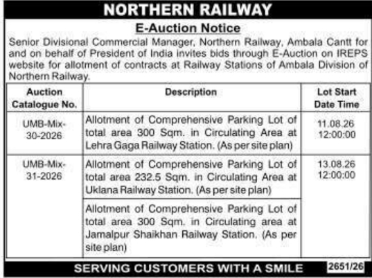 Northern Railway E-Auction for Ambala Station Parking Lots