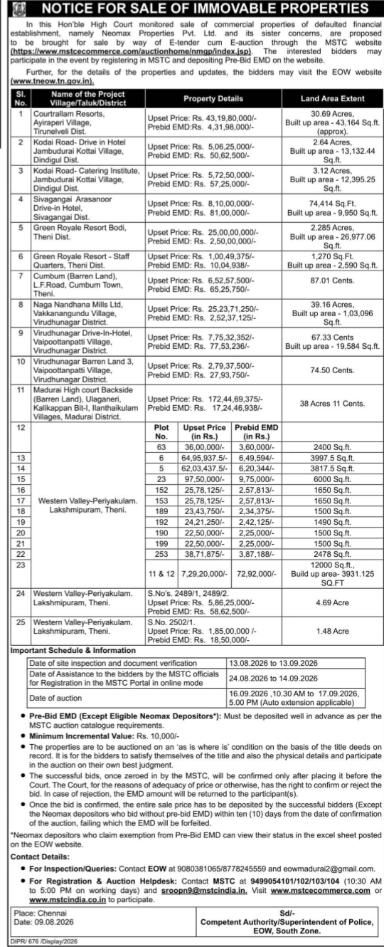Notice for Sale of Immovable Properties by E-Auction monitored by Hon'ble High Court