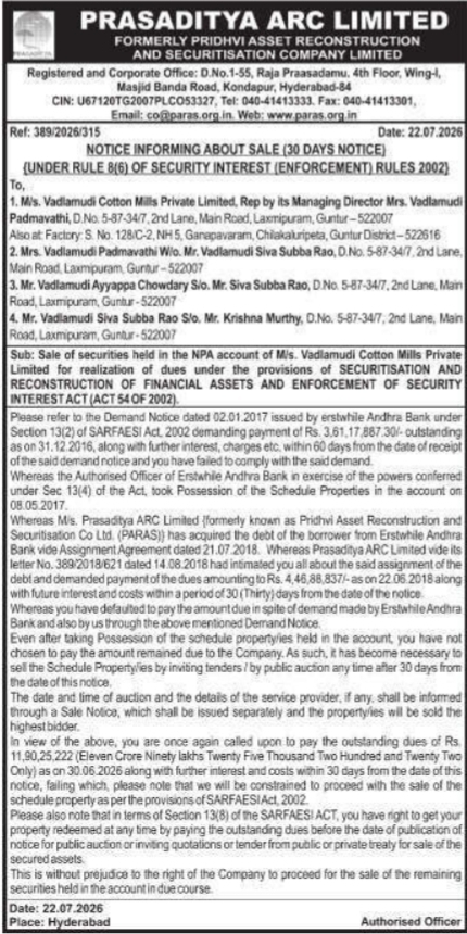 Notice Informing About Sale: NPA Account Asset Realization